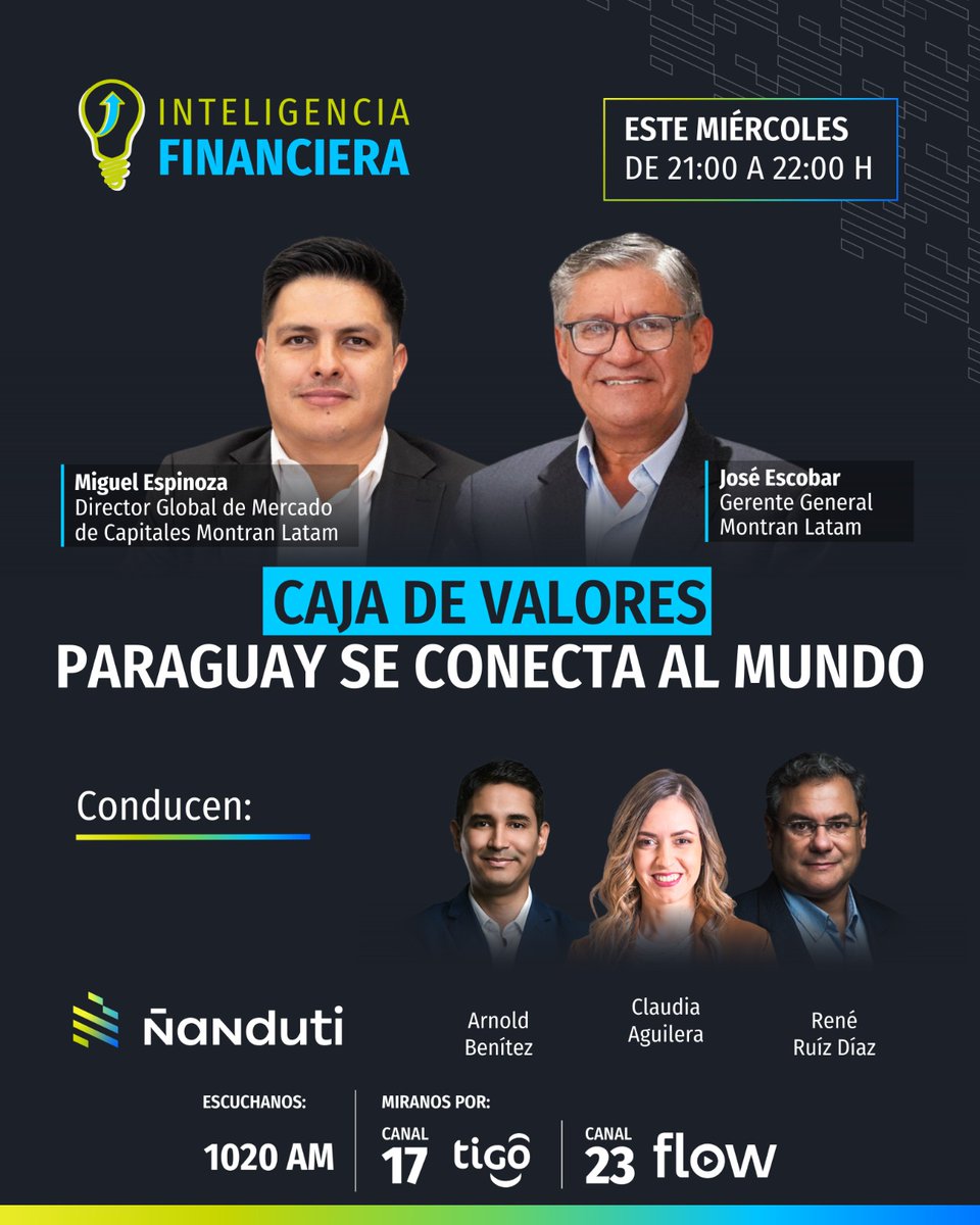 Esta noche, una nueva edición de Inteligencia Financiera 🤩

🎙️ Con la conducción de #ClaudiaAguilera <a href="/reneruizdiaz/">René Ruíz Díaz</a>  y <a href="/arnoldbenitez_/">Arnold Benítez Riveros</a> 
 
💡 En esta ocasión, conversaremos con Miguel Espinoza, director global de mercado de capitales Montran Latam y José Escobar, gerente general