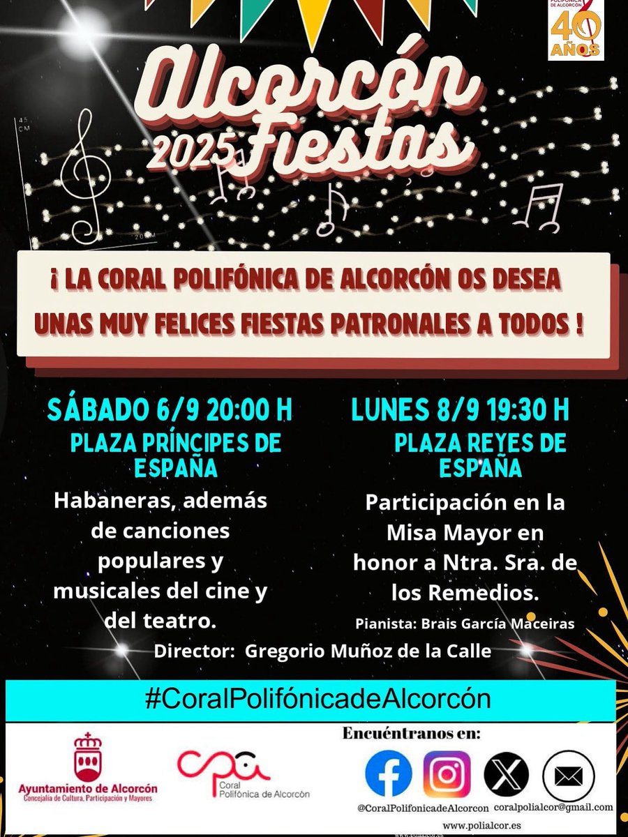 🎉 ¡Ya están aquí las Fiestas Patronales de #Alcorcón2025! 🎶 

📍 **Sábado 6 de septiembre – 20:00 h**  
**Plaza Príncipes de España**  
Un concierto lleno de habaneras, canciones populares y nuestro musical más bailable 🇬🇷☀️🌊🕺

🎼 Dirección: Gregorio Muñoz de la Calle