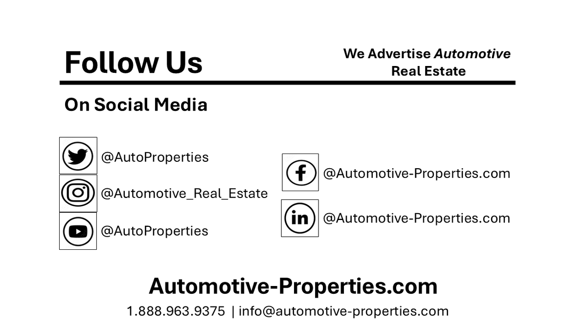 AutoProperties's tweet image. Stay connected with automotive-properties.com

Follow us across social media for all things automotive real estate.

#AutomotiveProperties #AutoRealEstate
#CommercialProperties #PropertyForSale
#IndustrialRealEstate #RealEstateInvesting #InvestmentOpportunity #BusinessLocation