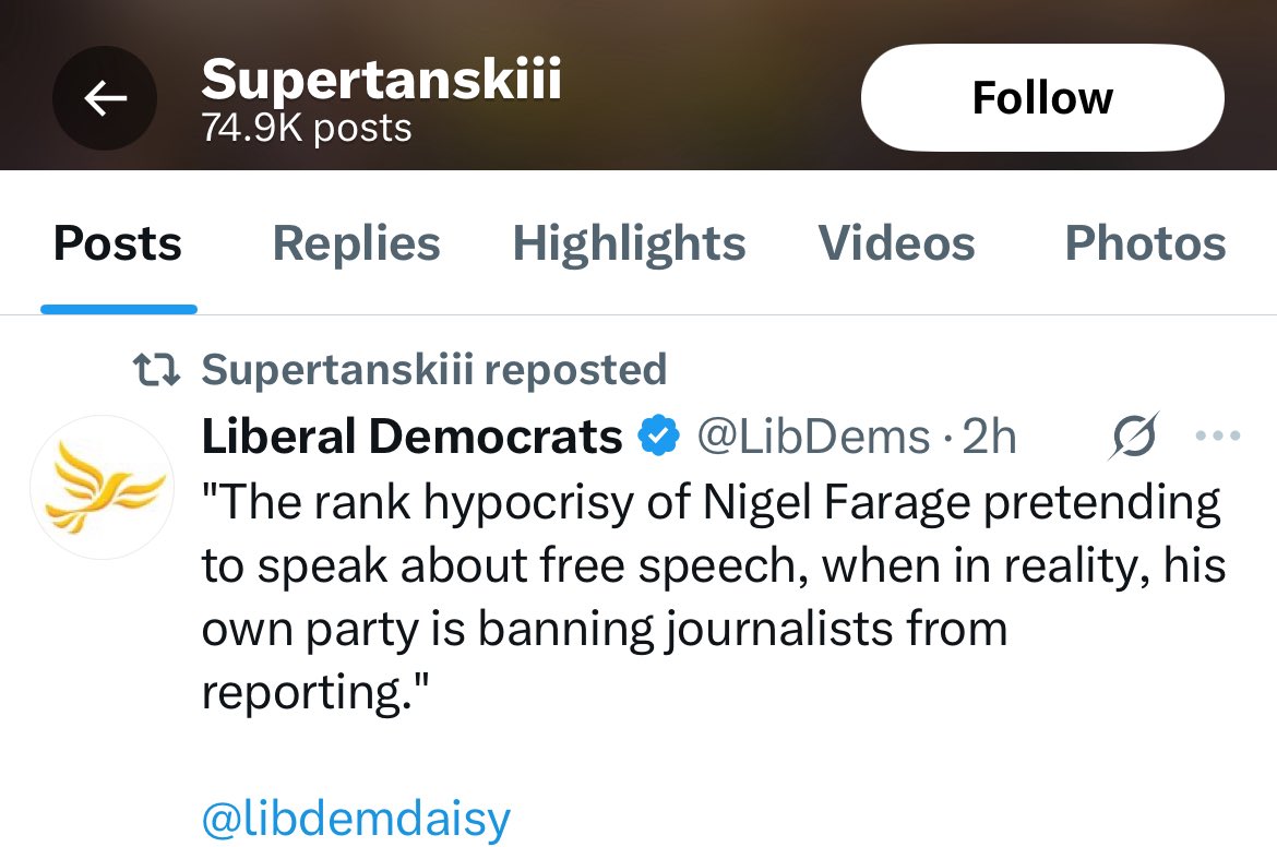 Supertanskiii appears to have switched to the Lib Dems.

Just days after criticising Zack Polanski for being a ‘white middle-class man’, she’s now supporting a different party led by a white middle-class man.

She previously grifted for Keir Starmer, a white middle-class man.
