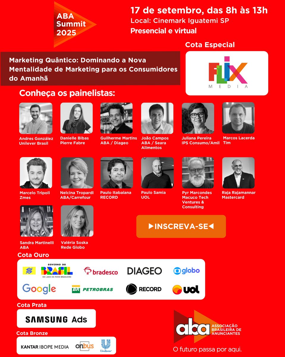 Em parceria com a ABA, a ABEP apoia o ABA Summit 2025, em 17/9, das 8h às 13h, no Cinemark Iguatemi SP e online. Tema: Marketing Quântico. Líderes e especialistas debatem o futuro do marketing e do consumo. Inscreva-se: aba.com.br/aba-summit-2025 <a href="/abatransformar/">ABA</a>
