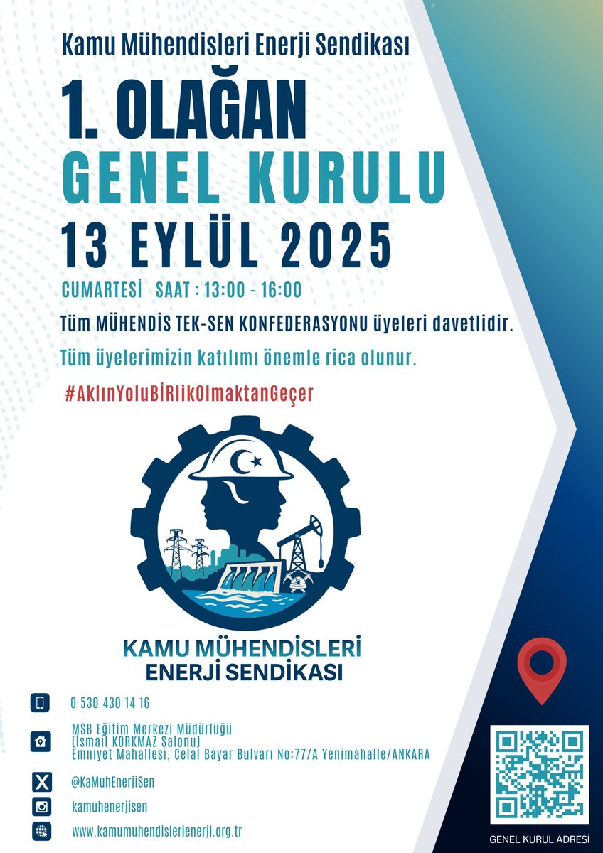 MÜHENDİS TEK-SEN KONFEDERASYONU çatısı altında hedeflerimize birlikte ulaşacağımız <a href="/KaMuhEnerjiSen/">Kamu Mühendisleri ENERJİ Sendikası</a> sendikamız 1. Olağan Genel Kurulunu gerçekleştirecektir.
Şimdiden hayırlı ve uğurlu olsun. 
Başarılarımız daim olsun.
<a href="/MuhTekSen_Konf/">Mühendis Tek-Sen Konfederasyonu</a> 
<a href="/MuhTekBuro/">Mühendis Tek-Sen Büro</a>
<a href="/MuhTekSenUlasim/">MÜHENDİS TEK-SEN ULAŞIM</a>
<a href="/MuhTekSenSagSos/">Mühendis Tek-Sen Sağlık ve Sosyal</a>