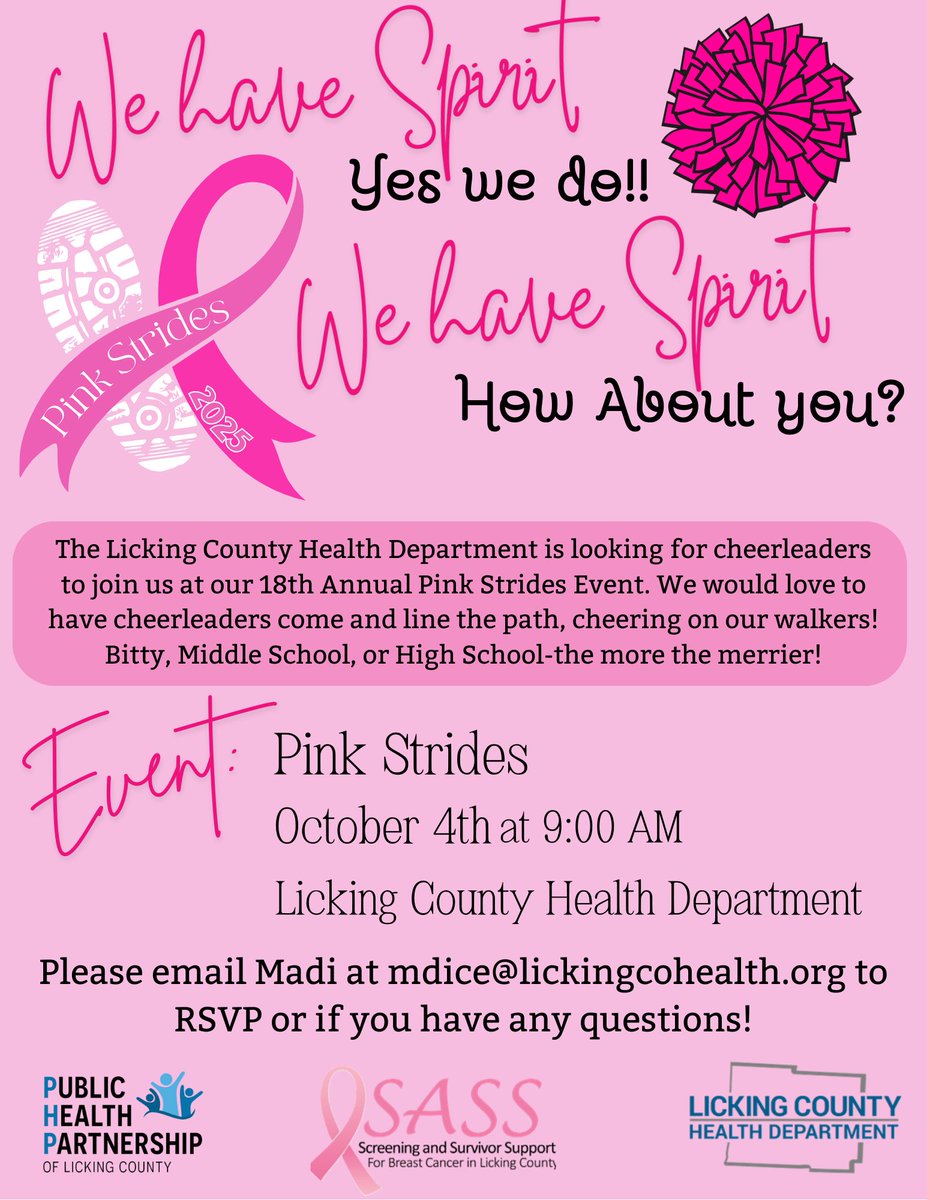 The planning for the 18th Annual Pink Strides Event is in full swing, and we need cheerleaders to help us show support for breast cancer awareness and our incredible walkers! 💖

📅 Saturday, October 4, 2025
🕘 9:00 AM
📍 Licking County Health Department

Whether you’re in Bitty,