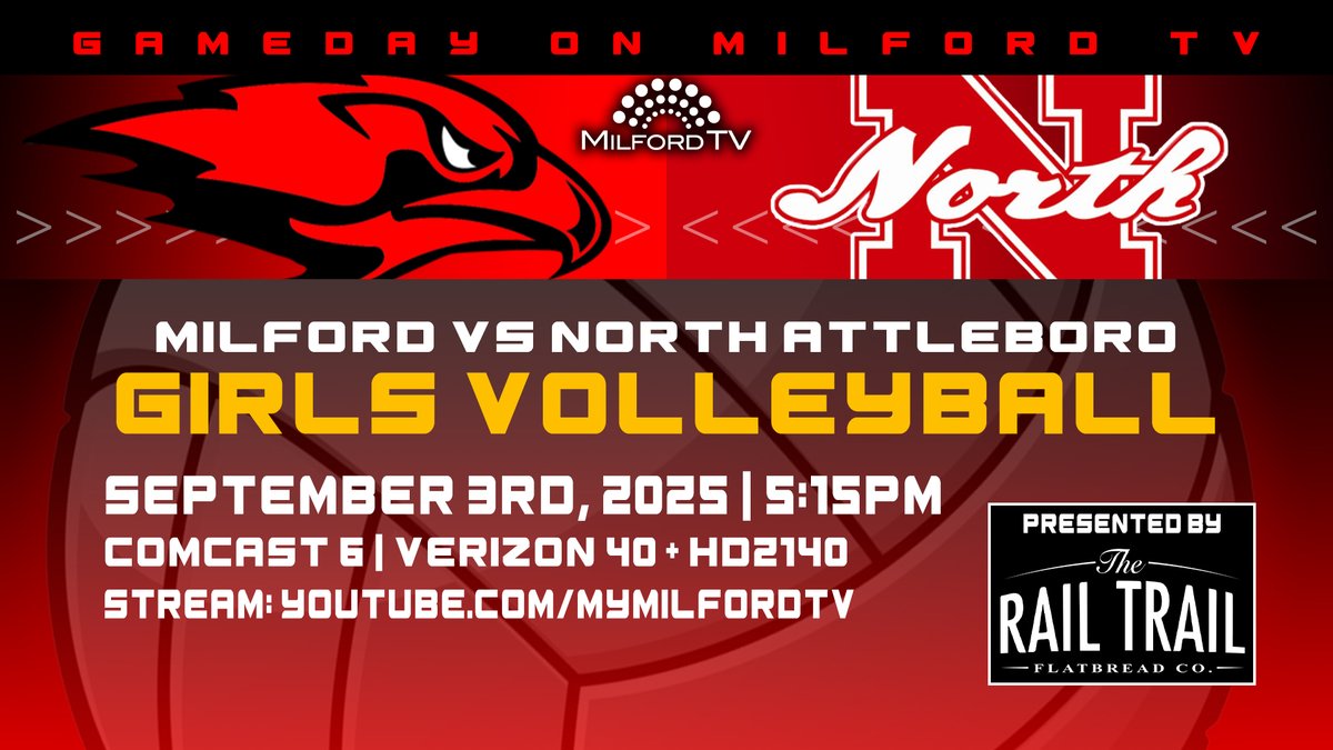 TONIGHT AT 5:15PM: MHS GIRLS VOLLEYBALL VS NORTH ATTLEBORO

Comcast 6
Verizon 40 + HD2140
Stream: youtube.com/mymilfordtv

Presented by <a href="/RailTrailFBCo/">The Rail Trail Flatbread Company</a>