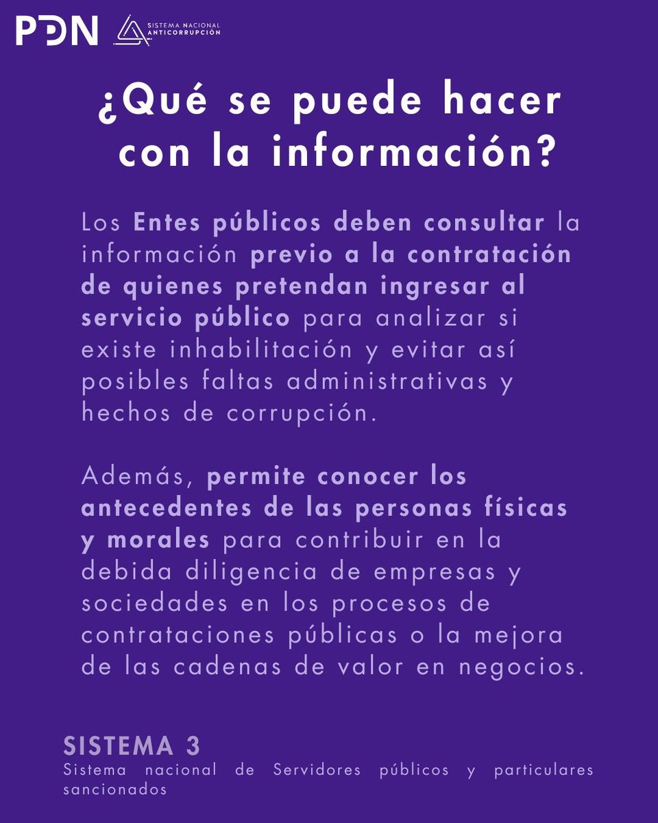 Te presentamos el Sistema 3 de la #PlataformaDigitalNacional del Sistema Nacional Anticorrupción.

En este podrás encontrar información nacional de servidores públicos y particulares sancionados.

 Conoce más aquí: plataformadigitalnacional.org/sancionados 

SNA: Honestidad e Innovación para un