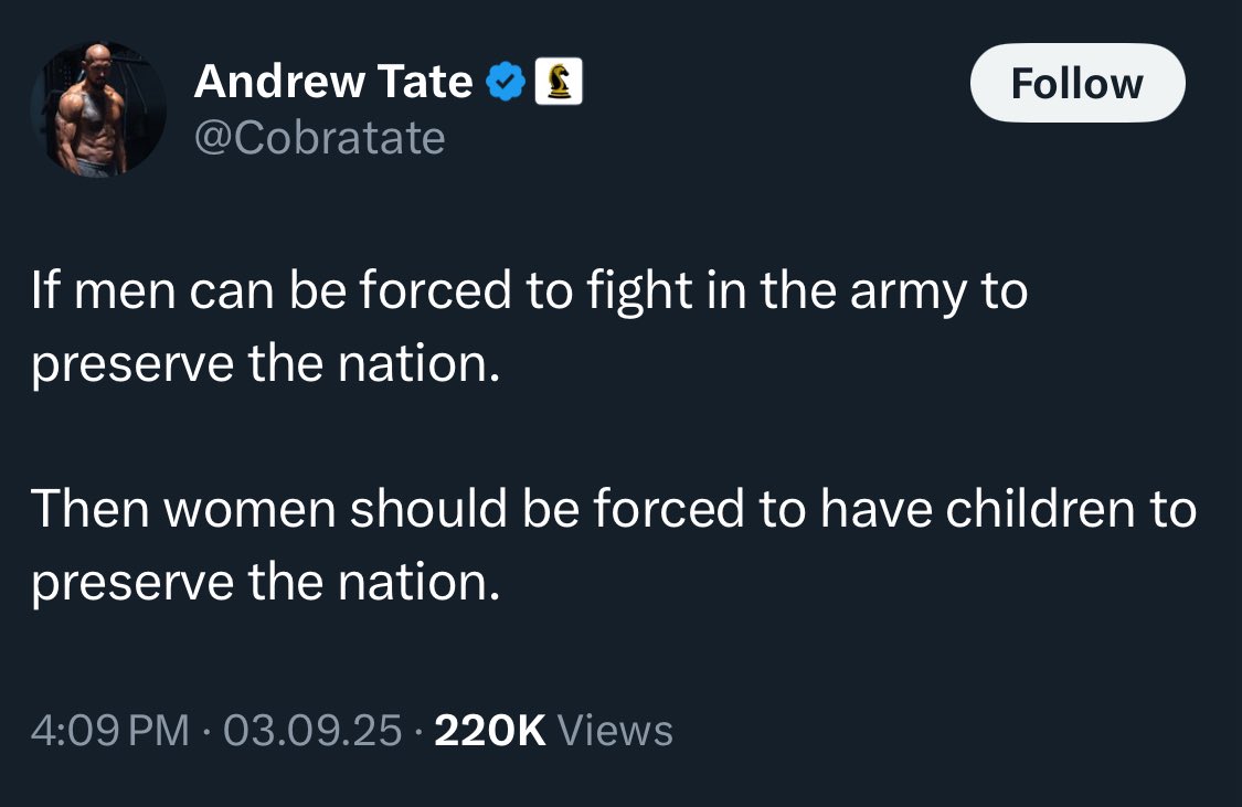 Forced pregnancy is called rape.

I’m absolutely shocked Andrew Tate would say this. Never saw it coming.