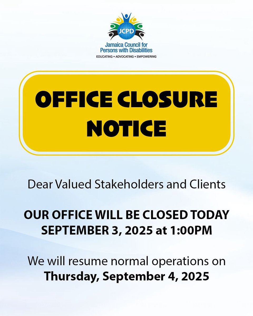 📢 Office Closure Notice

Please be advised that the JCPD office will be closed today, Wednesday, September 3, 2025, at 1:00 PM.

Normal operations will resume on Thursday, September 4, 2025.

We thank you for your understanding.

#JCPD #Notice #OfficeClosure