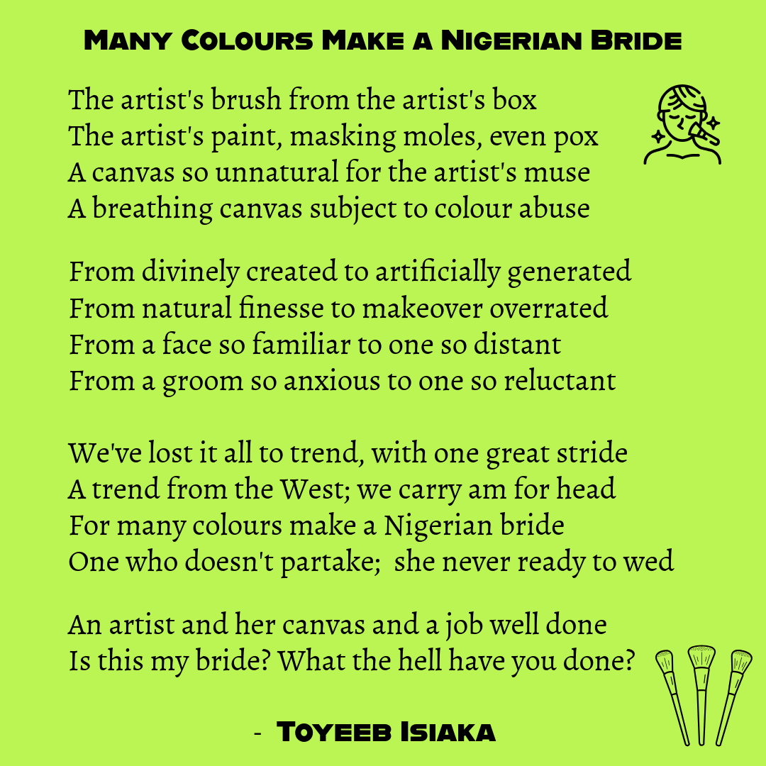 _kedavra_'s tweet photo. Many Colours Make a Nigerian Bride
#makeup #makeupbrush #poemsoftheheart #poems #poem #poetrycommunity #poet #poets #poemoftheday #poemsoftheday #poetry #writingcommunity #writerscommunity #writings #writing #writers #writer #write #writeaway https://t.co/aTmr09AMNu