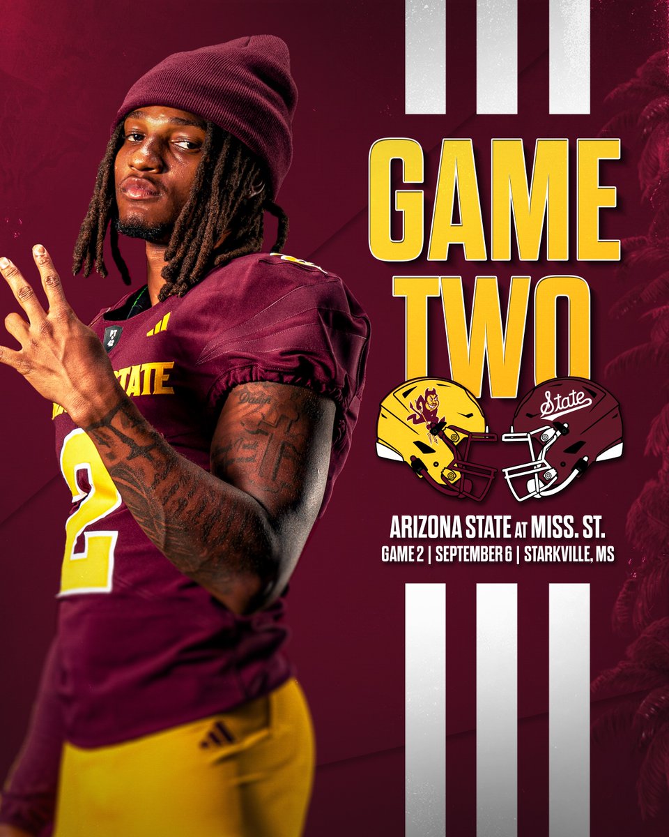ASUFootball's tweet image. Game 2️⃣ up next 

🆚: Mississippi State
🗓️: September 6th
⏰: 4:30 PM AZT
📍: Starkville, MS
📺: ESPN 2
