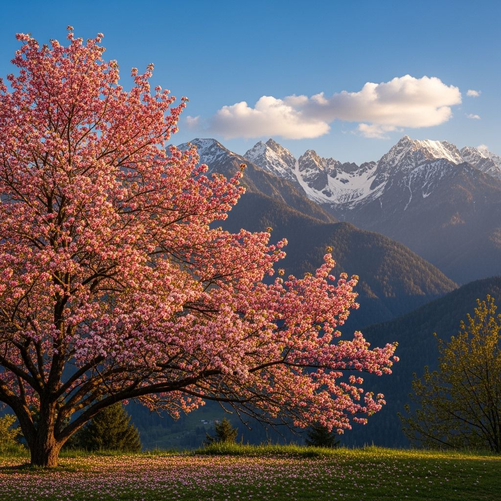 A blooming pink cherry blossom tree in the foreground, with snow-capped ...