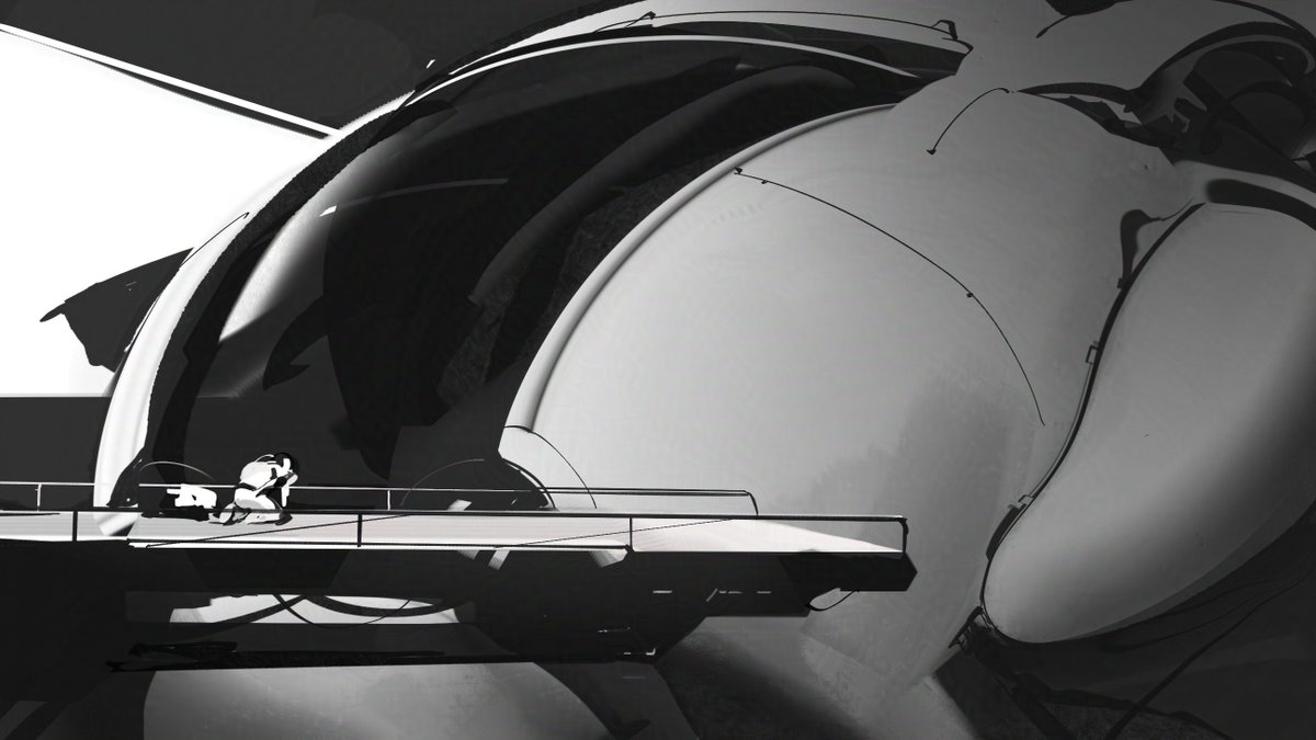 ZombatArt's tweet image. Boasting the largest canopy of any mid-sized freighter, the impeccable views offered were mired only by their lack of radiation protection. In this one instance, the pricey "protective topcoat" was indeed worth it. #shiptember #spaceships #art #procreate #conceptart #sketches