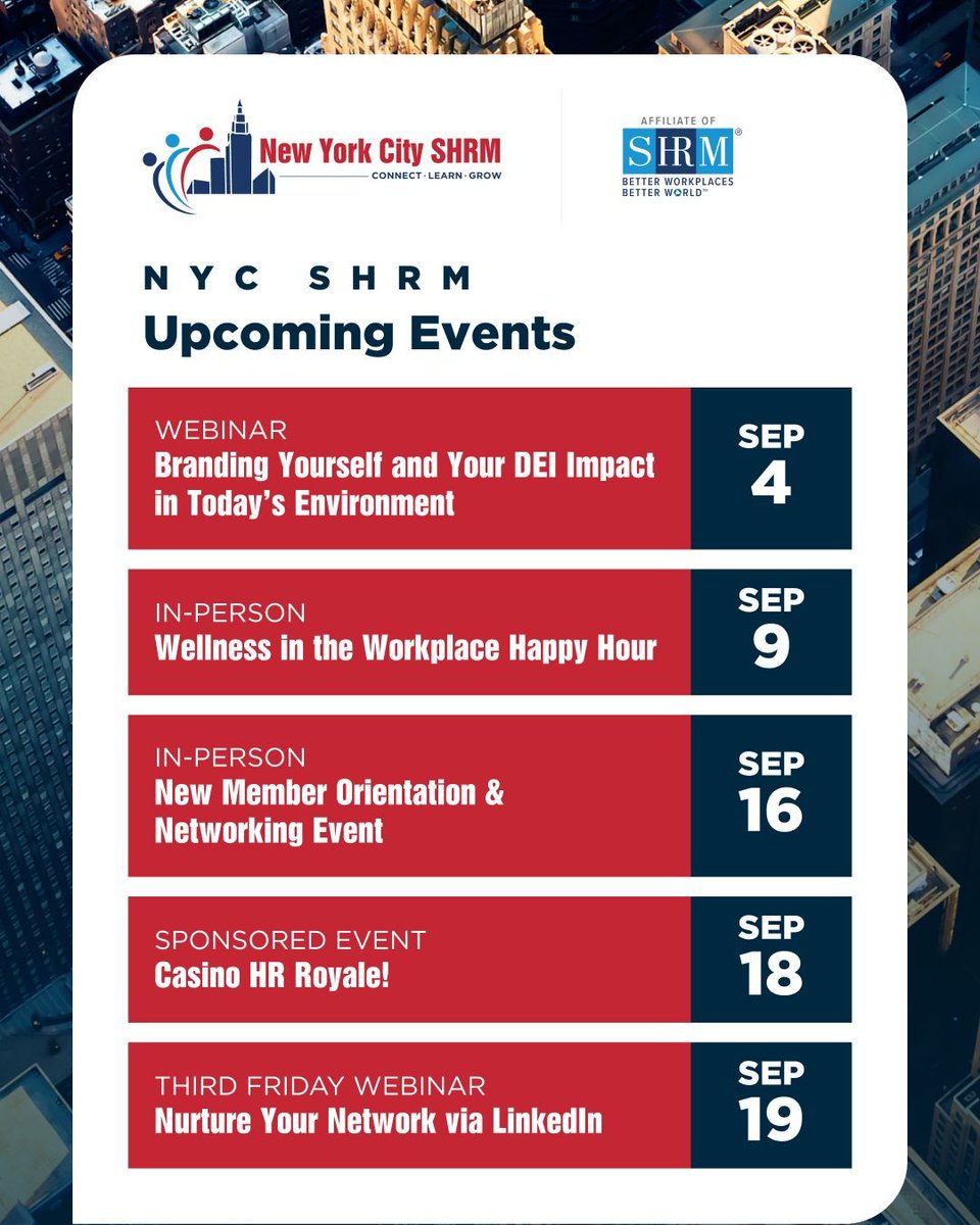 📅 Mark your calendars! NYC SHRM has an exciting lineup of events this September—webinars, networking, &amp; more.

See the full list &amp; register here: nycshrm.org/events/event_l…

#NYCSHRM #HRCommunity #Networking