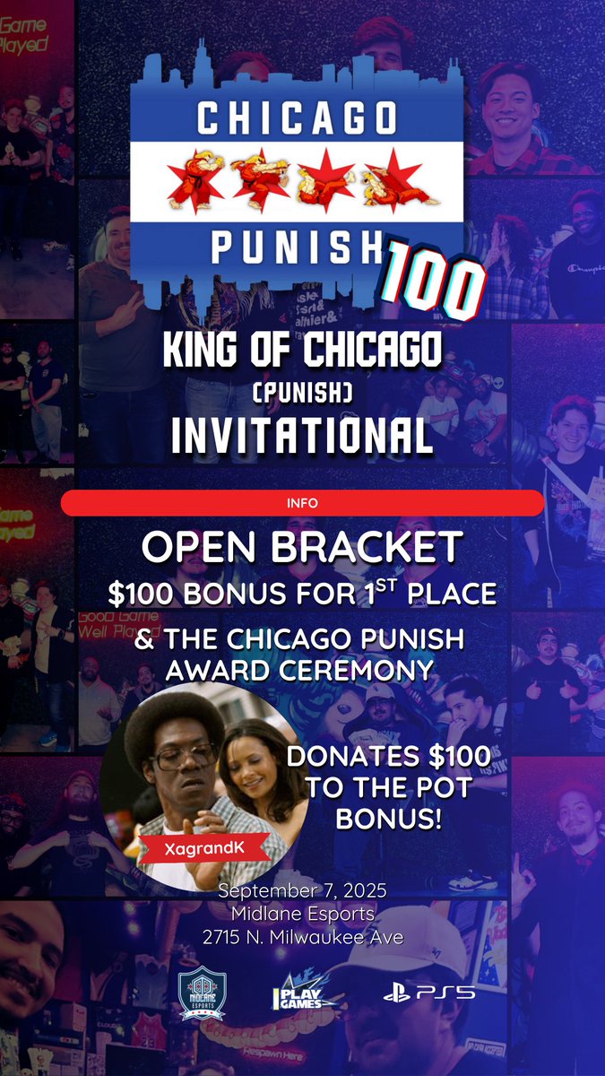 Local commentary savant and mystery game champion

XagrandK donates $100 to the Chicago Punish 100 open bracket! starting at 6pm on Sunday!

with all the champions in the invitational this is the perfect time to lay claim to the coveted title yourself!
