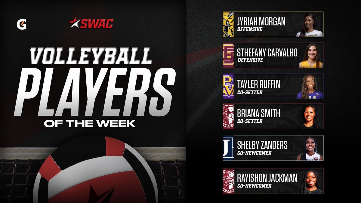 theswac's tweet image. SWAC Volleyball Players of the Week: Sep. 3

@gatorade

🐝 Jyriah Morgan, Offensive
🐱 Sthefany Carvalho, Defensive
🐈‍⬛ Tayler Ruffin, Co-Setter
🐶 Briana Smith, Co-Setter
🐅 Shelby Zanders, Co-Newcomer
🐶 Rayishon Jackman, Co-Newcomer

#SWACVB | #BuildingChampionsForLife