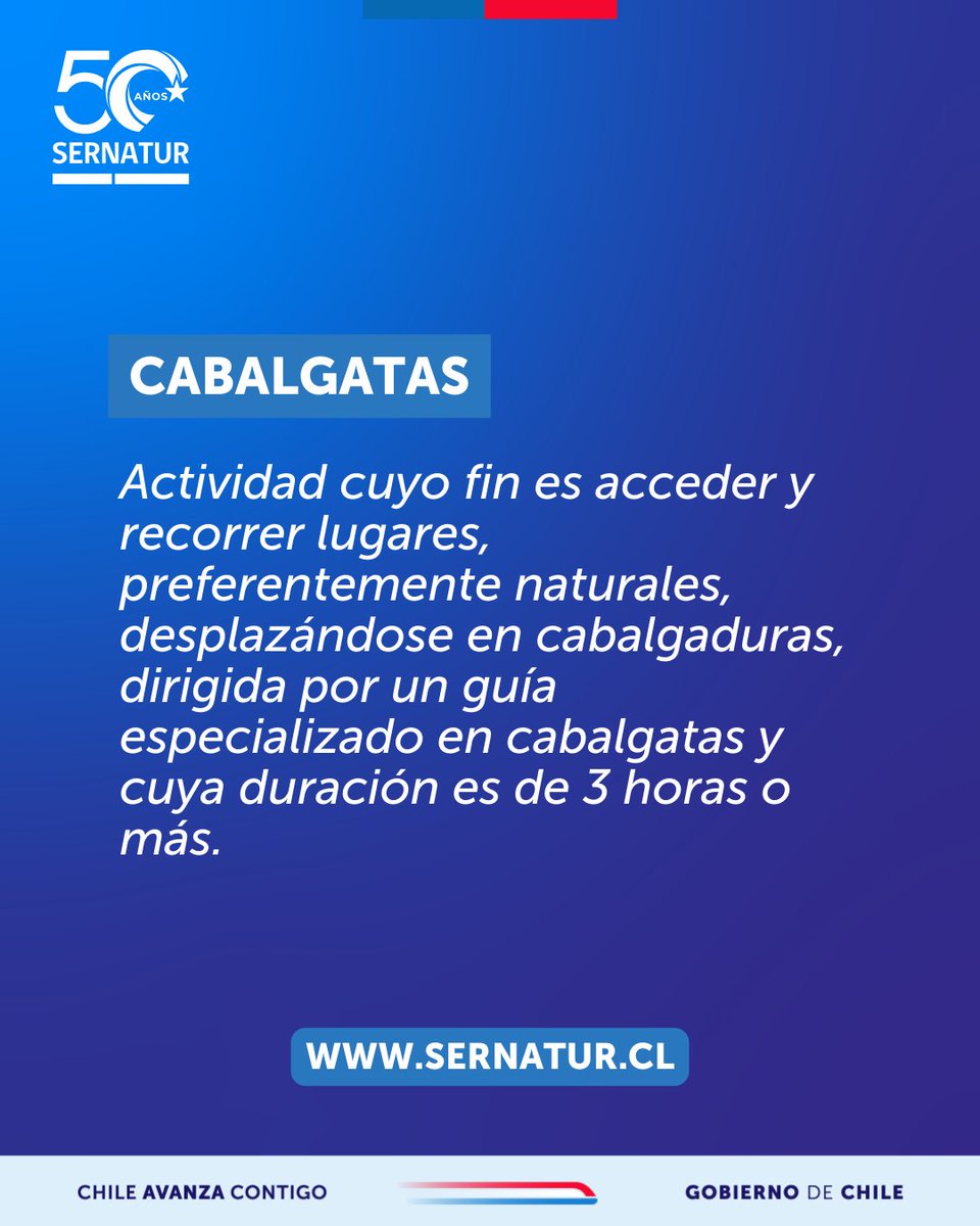 #Cabalgatas 🏇🏽 
📌 Las regiones que cuentan con más prestadores de cabalgatas registrados en Sernatur son:​
➡️ Metropolitana (34)​
➡️ Valparaíso (29)​
➡️ Aysén (28)​
📌Encuéntralos en: serviciosturisticos.sernatur.cl

Exige que la actividad de turismo aventura esté registrada en Sernatur