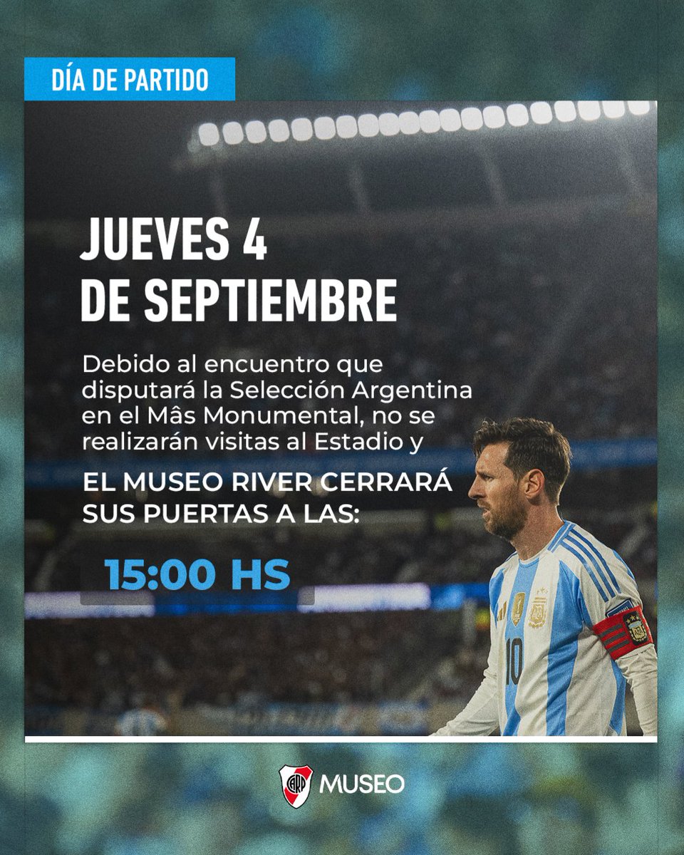 📣 [𝗜𝗠𝗣𝗢𝗥𝗧𝗔𝗡𝗧𝗘] Horarios del Museo River para el jueves 4 de septiembre 🏛📆

🕙 Apertura: 10:00 hs.
🚫🏟 Sin visitas al Estadio
🕒 Cierre: 15:00 hs.