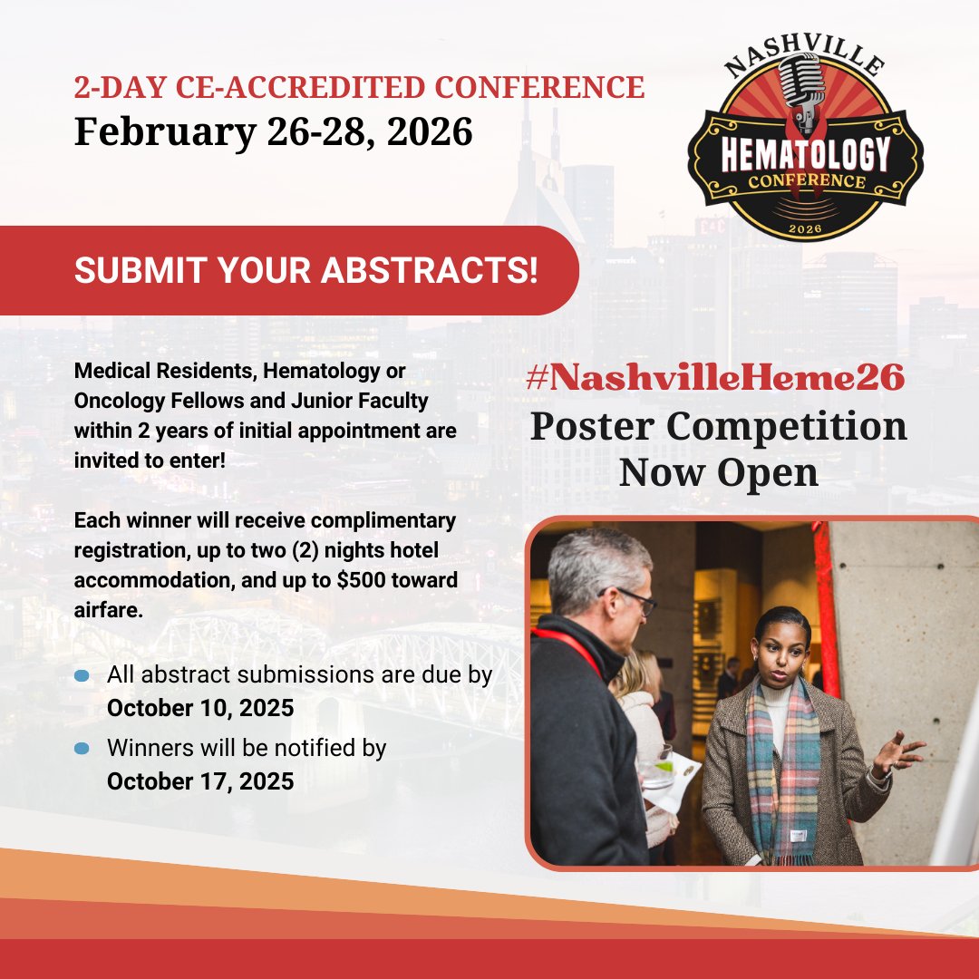 Nashville Hematology Conference (@nashvilleheme) on Twitter photo The #NashvilleHeme26 Poster Competition is officially open! Share your research, get recognized, and join leaders in hematology at the 2-day CE-accredited conference. Abstracts are due October 10 — don’t miss it: hubs.la/Q03GL4qB0
 #HemeOnc #HematologyResearch #OncTwitter The #NashvilleHeme26 Poster Competition is officially open! Share your research, get recognized, and join leaders in hematology at the 2-day CE-accredited conference. Abstracts are due October 10 — don’t miss it: hubs.la/Q03GL4qB0
 #HemeOnc #HematologyResearch #OncTwitter