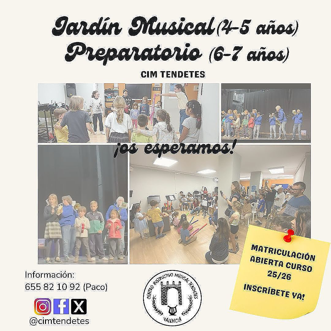 Disfruta de las clases de jardin musical y preparatorio en el CIM Tendetes 🎵
Llámanos o acércate a nuestro local, no te lo pierdas!