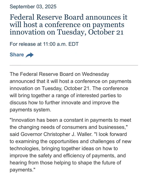 🥔CRIPTOVALUTE : Conferenza sulla Innovazione dei Pagamenti della Federal Reserve: Focus su DeFi, Stablecoin, Intelligenza Artificiale e Tokenizzazione il 21 Ottobre
