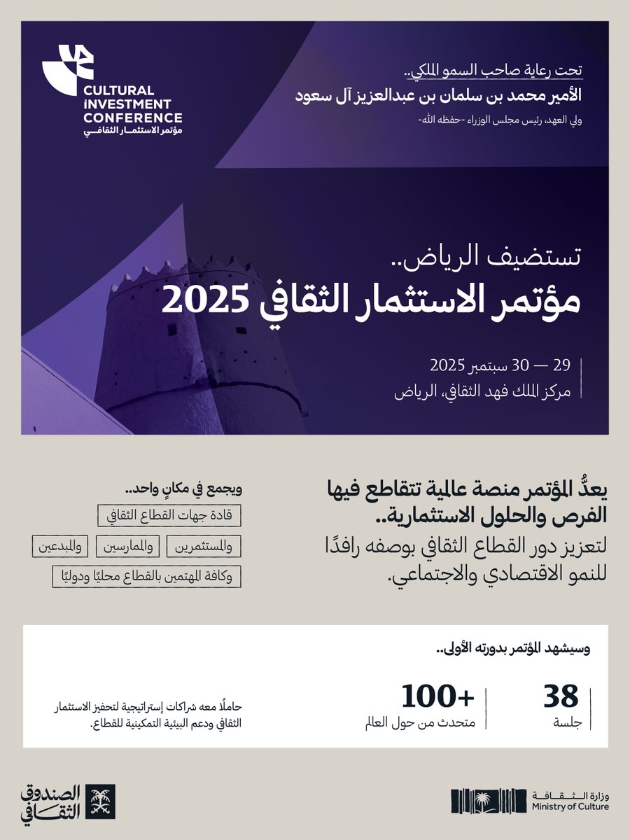 برعاية كريمة من سمو ولي العهد..
تستضيف الرياض #مؤتمر_الاستثمار_الثقافي_2025؛ الحدث الأبرز الذي يجمع نخبةً من رواد القطاع الثقافي ومُستثمريه؛ ليشكّلوا مستقبل القطاع الواعد.

#الصندوق_الثقافي