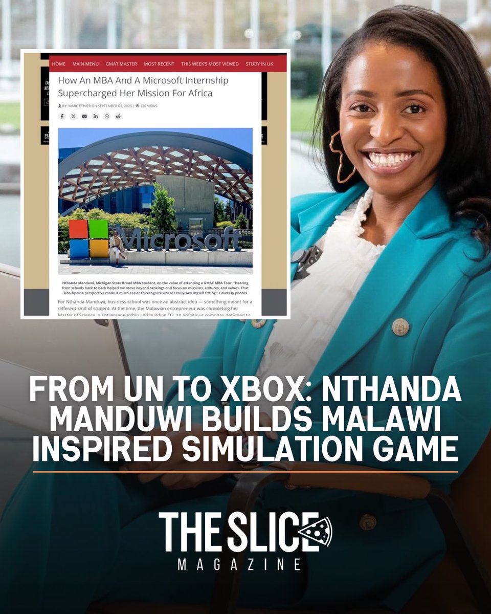 slicemagazine's tweet image. Nthanda Manduwi has been featured on @PoetsAndQuants, the #1 MBA publication, sharing her journey from the @UN to the @MichiganStateU, @Microsoft and @Xbox and how all this had led to the creation of her new company: @Q2Corp