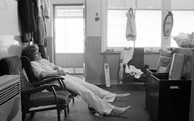 A picture which will resonate with every fast bowler at any level ... Bob Willis rests his weary feet up after a long day in the field in the County Championship in July 1978