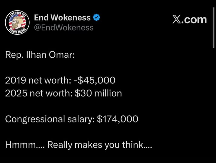 Jude_3_'s tweet photo. Hey Grok. What is Ilhan Omar's net worth in 2019 and what is it now in 2025? https://t.co/46PsWVhIUz