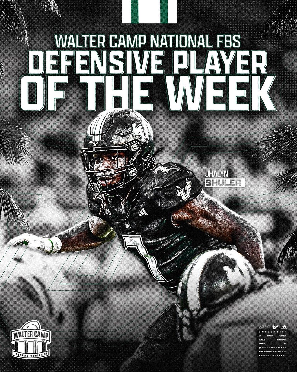USF Football (@usffootball) on Twitter photo Another one! <a href="/JhalynShuler/">$hü🐚</a> has been selected as the <a href="/WalterCampFF/">Walter Camp Football</a> defensive player of the week!
#ComeToTheBay | #StayInTheBay Another one! <a href="/JhalynShuler/">$hü🐚</a> has been selected as the <a href="/WalterCampFF/">Walter Camp Football</a> defensive player of the week!
#ComeToTheBay | #StayInTheBay