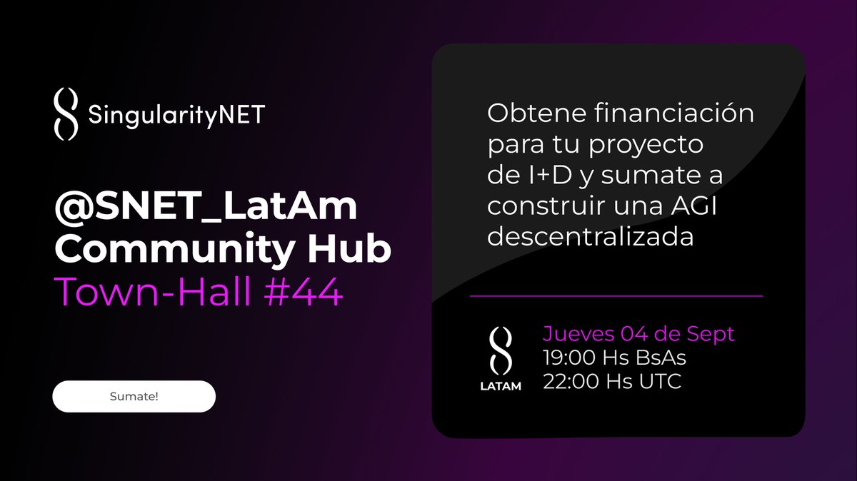 Atte desarrolladores LatAm !!!
Sumate al power latino de SingularityNET
<a href="/SNET_Latam/">SingularityNET LatAm Community</a> Community-Hub Town Hall #44
📅Jueves 04 de Septiembre
⏰ 19Hs BsAs - 22Hs UTC

- Update de Ecosistema <a href="/SingularityNET/">SingularityNET</a>
- AGI Summit 2025, Istanbul, Turkey  
- NextGen Agents Hackathon de <a href="/ICPHUBS/">ICP HUBS NETWORK</a>
