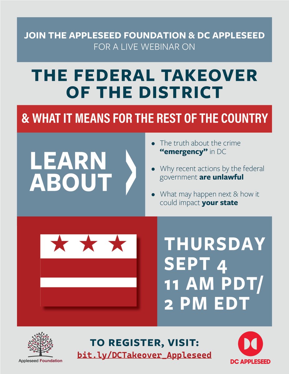 Your state could be next. Join <a href="/AppleseedNetwrk/">The Appleseed Network</a> + <a href="/DC_Appleseed/">DC Appleseed Center for Law & Justice</a> for a critical webinar: “The Federal Takeover of the District.” Tomorrow, Sept. 4. 

Register 👉 bit.ly/DCTakeover_App…