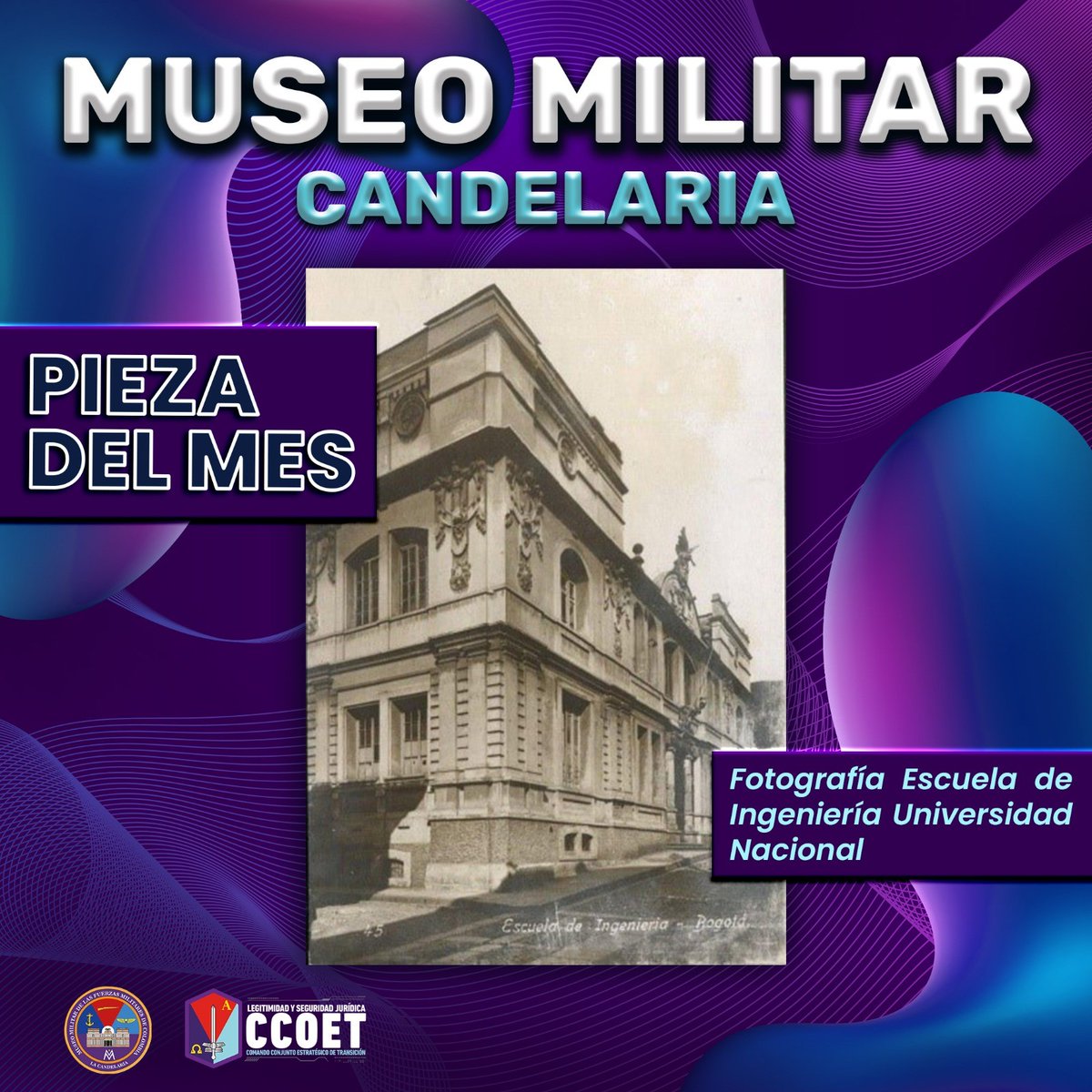 🎉¡Mes del Patrimonio! 
En septiembre, conoce la historia que vive en nuestras paredes.
👉Pieza del mes: ¡Nuestra casa! 
Sede de la Escuela de Ingeniería y Matemáticas y luego de la Escuela de Bellas Artes🎨 de la Universidad Nacional. Hoy alberga el Museo Fuerzas Militares.✨