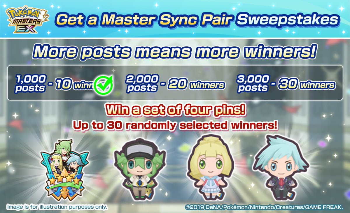 PokemonMasters's tweet photo. 🎟️ #GetAMasterSyncPair Sweepstakes 🎟️

We’ve reached 1,000 screenshots, so now ten randomly selected winners will get a pin set!

You can enter to be one of the winners until September 7 at 10:59 p.m. PDT. 👀🎁

#PokemonMastersSixYears #PokemonMasters https://t.co/nWAVwBQkAy
