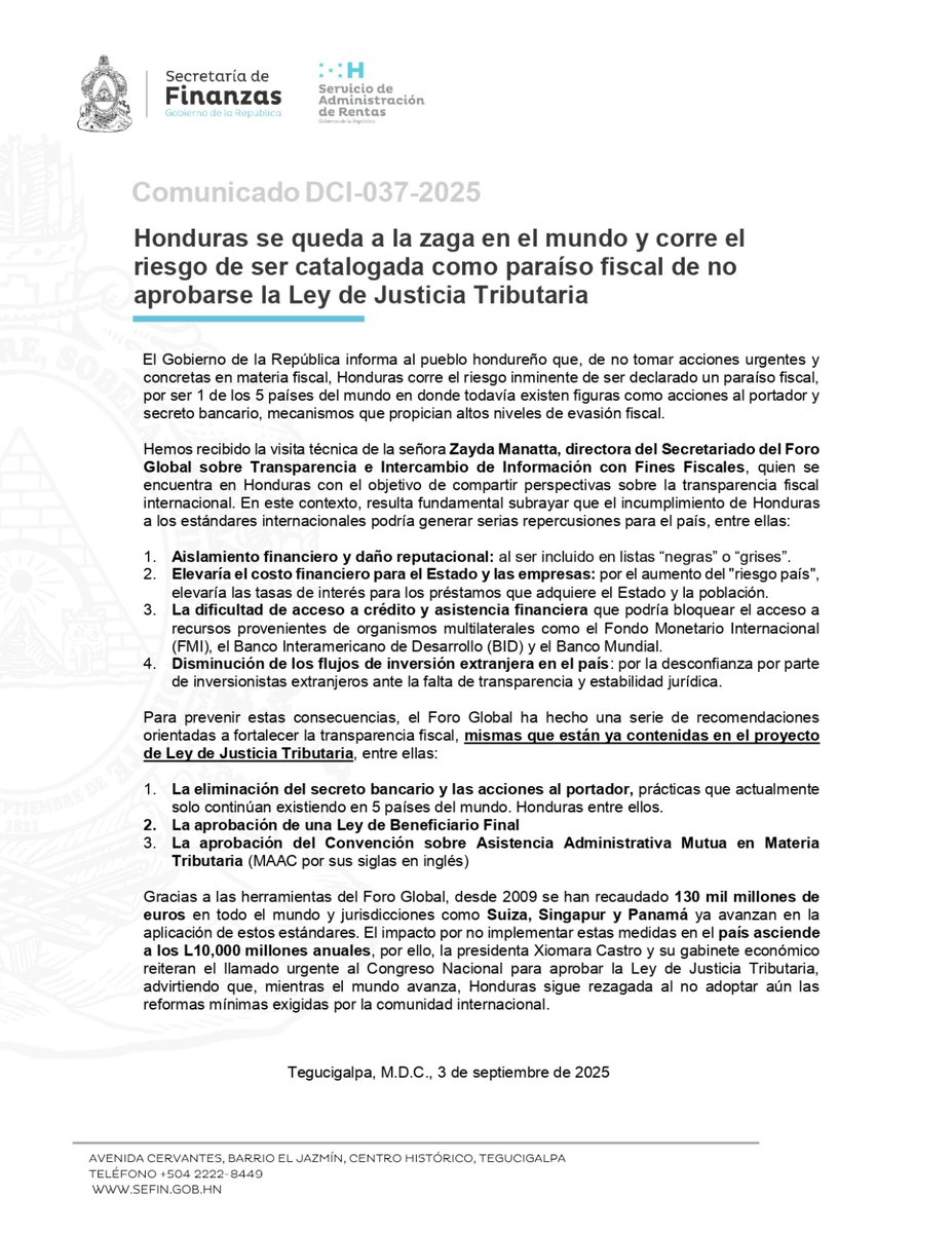 COMUNICADO | Si no se aprueba urgentemente la Ley de Justicia Tributaria en el <a href="/Congreso_HND/">Congreso Nacional de Honduras</a>, Honduras corre el riesgo inminente de ser declarado paraíso fiscal, por ser 1 de los 5 países en el mundo que todavía incumple estándares mínimos de transparencia fiscal.

<a href="/SARHonduras/">SAR</a>