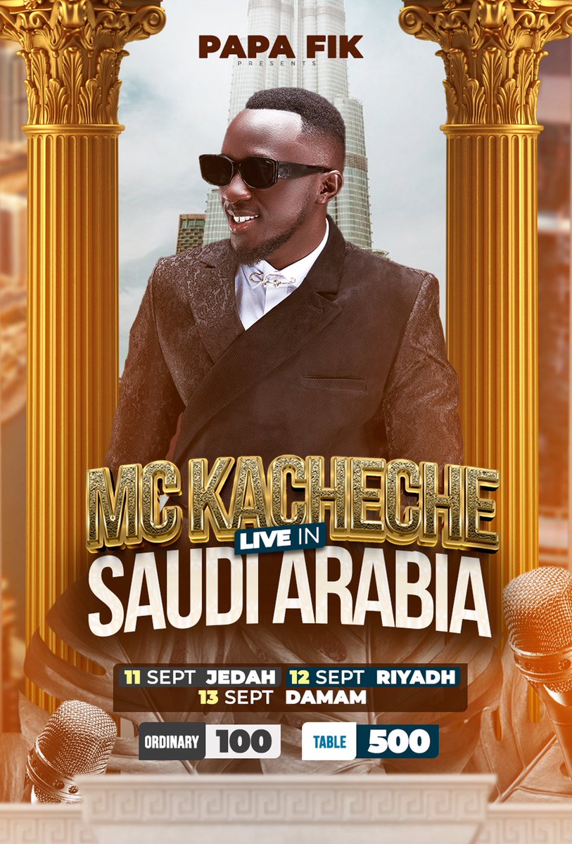 To our party people in Saudi Arabia , Anytime from now 🎤✈️
11th Sept - Jedah 
12th Sept - Riyadh 
13th Sept - Damam 
  Just book your ticket  , See You All 🙏🏼
 <a href="/SpiceDianaUg/">𝐒𝐏𝐈𝐂𝐄 𝐃𝐈𝐀𝐍𝐀</a> alongside <a href="/Mc_Kacheche/">Mc Kacheche Starboy</a> 🎤💥🕺🏻💯💰💵