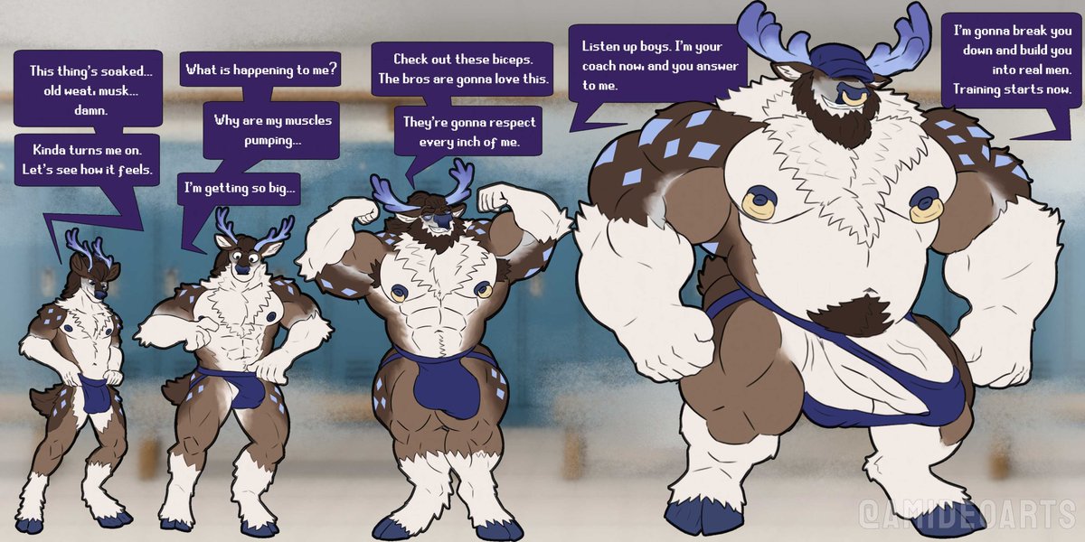 Who can't resist putting on the coach's old musky jockstrap at the gym? This deer got too curious and found out about the old man's routine first hand. 💪💪🦌
#TFTuesday #furryart #transformation #muscle #Growth #aptf #hypnoart #brutification