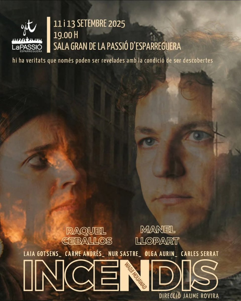 INCENDIS: una adaptació moderna del mite d’Èdip però que s’embranca amb un món complex i feroç com és el d’avui.
Info : lapassio.net/incendis
#teatre #esparreguera