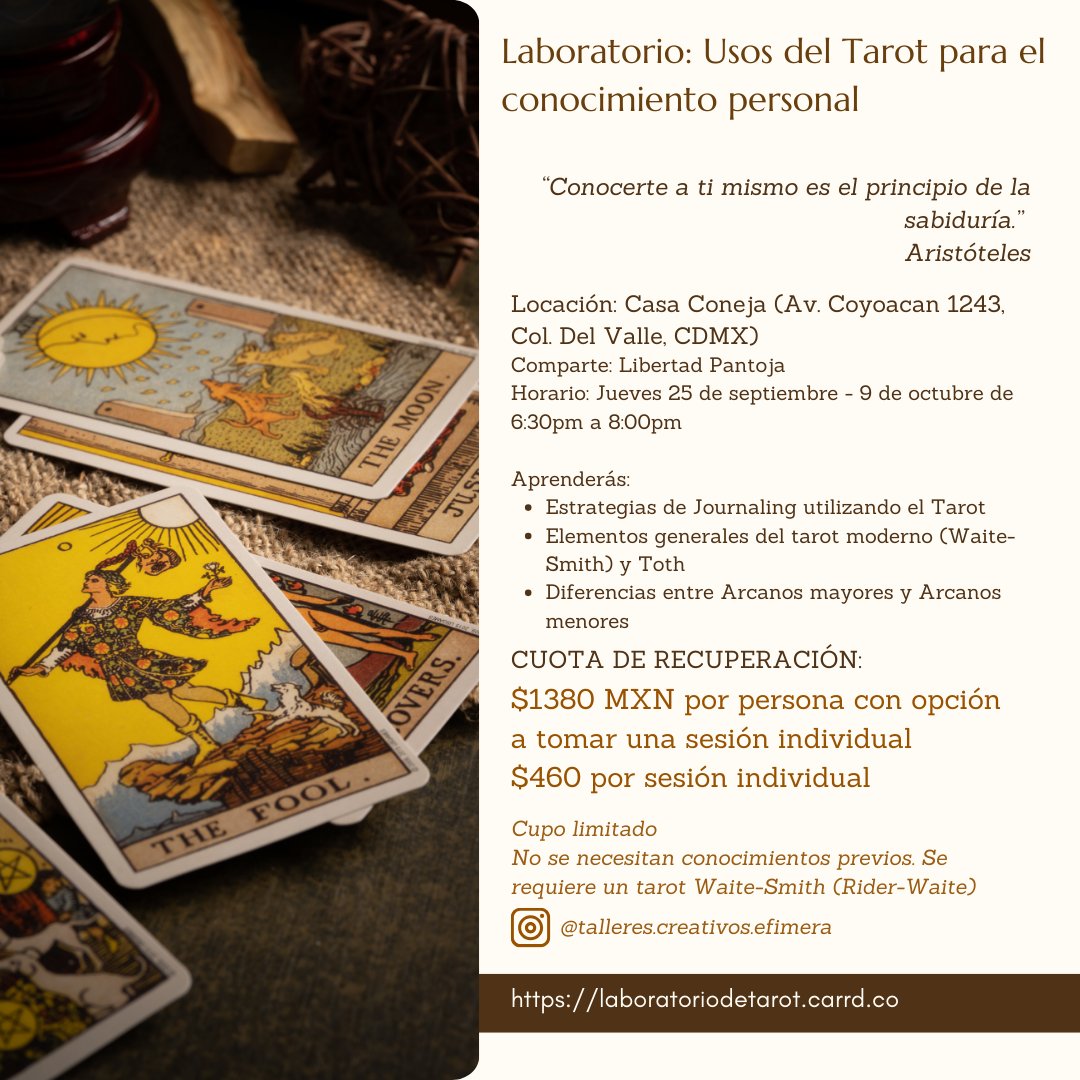 Hola. En estos días impartiré un Laboratorio de Tarot y Journaling 🗒️✍️🌷.  Los esperamos en Casa Coneja laboratoriodetarot.carrd.co