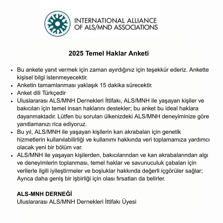 ALS Hastalarının Temel Hakları Anketi – Küresel
Bu ankete kimler katılabilir?
* ALS HASTALARI
* ALS HASTALARINA BAKIM VERENLER (AİLE BİREYİ VEYA ÜCRETLİ BAKIM VERENLER)
* GENETIK ALS TANISI ALAN HASTALARIN KAN BAĞI OLAN YAKINLARI
survey.alchemer-ca.com/s3/50360855/AL…