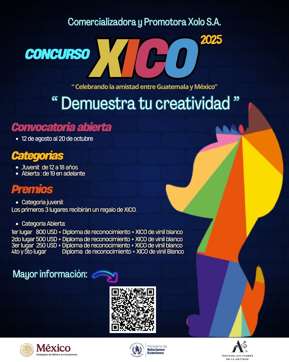 Embamex Guatemala (@embamexgua) on Twitter photo 🎨 📣¡Atención artistas e ilustradores de 🇬🇹! Si tienes más de 12 años, participa en el Concurso XIXO 2025 🐾 y plasma tu creatividad a través de XICO, un símbolo de unión cultural. 🇬🇹🤝🇲🇽 👉Conoce las bases en: l1nk.dev/hmhDQ <a href="/SCMGuatemala/">Sección Cultural de la Embajada de México</a> 🎨 📣¡Atención artistas e ilustradores de 🇬🇹! Si tienes más de 12 años, participa en el Concurso XIXO 2025 🐾 y plasma tu creatividad a través de XICO, un símbolo de unión cultural. 🇬🇹🤝🇲🇽 👉Conoce las bases en: l1nk.dev/hmhDQ <a href="/SCMGuatemala/">Sección Cultural de la Embajada de México</a>