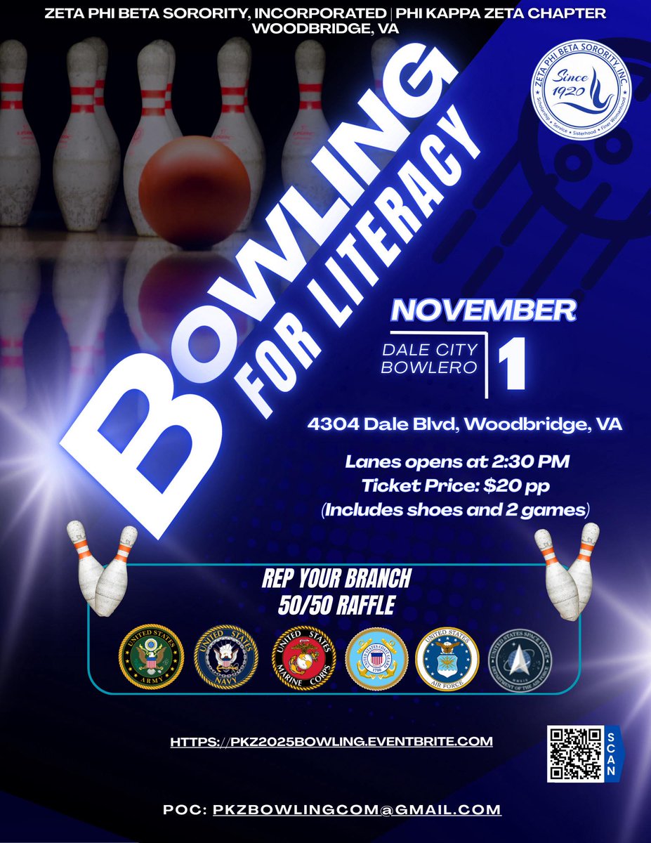 zphibpkz's tweet image. The Phi Kappa Zeta Chapter invites you to join us for an afternoon of fun, fellowship, and fundraising in support of literacy!
Dale City Bowlero Saturday, November 1, 2025 Lanes open at 2:30 PM�📷 Tickets: $20 per person (includes shoes + 2 games!)
Secure your spot via QR code