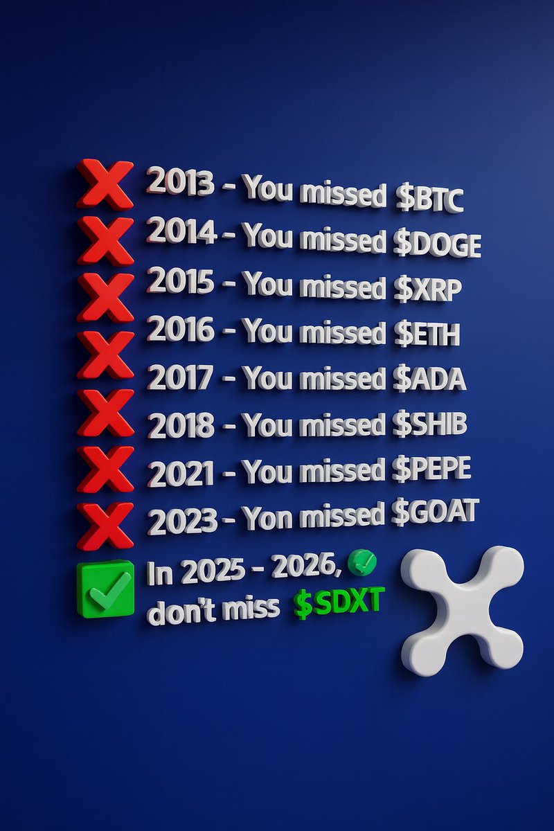 2013 – You missed $BTC
2014 – You missed $DOGE
2015 – You missed $XRP
2016 – You missed $ETH
2017 – You missed $ADA
2018 – You missed $BNB
2021 – You missed $SHIB
2023 – You missed $PEPE
2024 – You missed $GOAT
2025–2026, don’t miss $SDXT

<a href="/StreamdataX/">StreamDataX Protocol</a> is coming