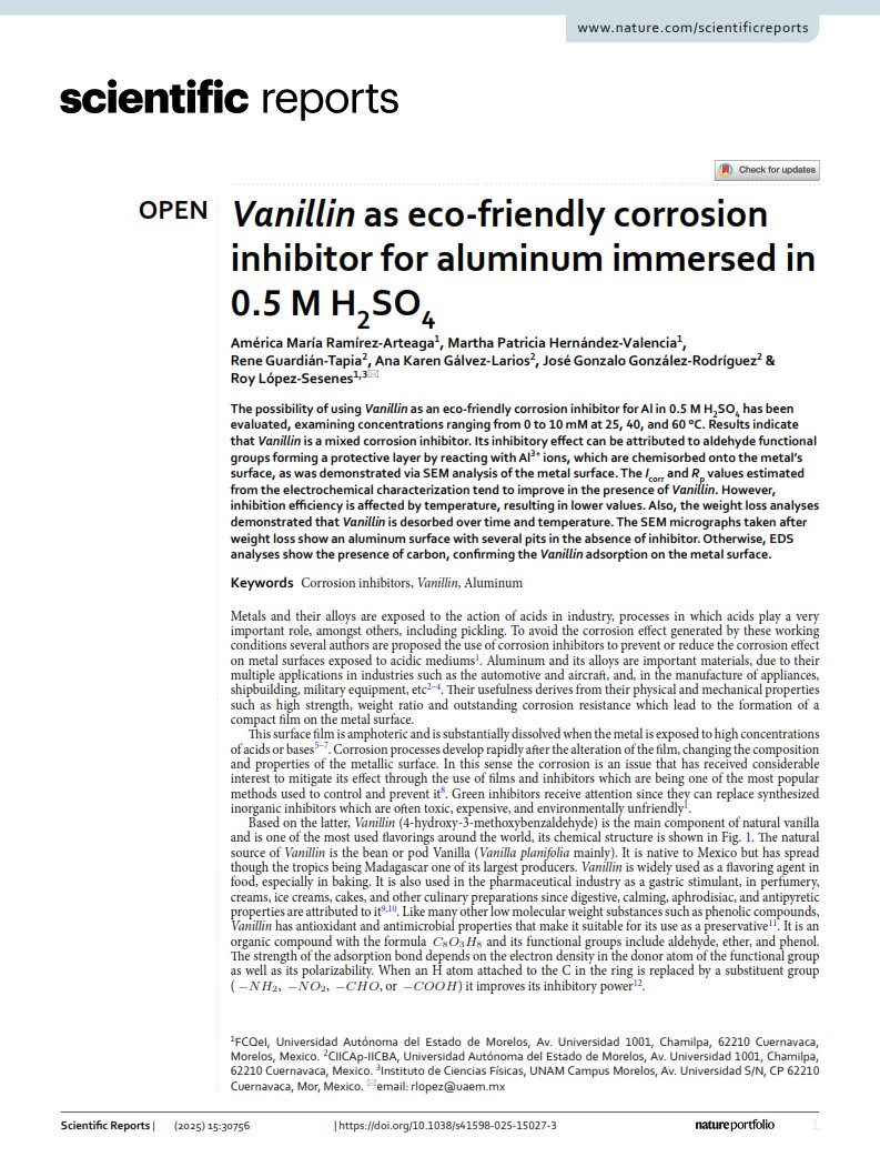 CIICApUAEM's tweet photo. Conoce las publicaciones de nuestros investigadores 📄
Vanillin as eco-friendly corrosion inhibitor for aluminum immersed in
0.5 M H2 SO4

https://t.co/9I2REH9eAG

#Corrosioninhibitors #Vanillin #Aluminum https://t.co/2OVXBoXXOz