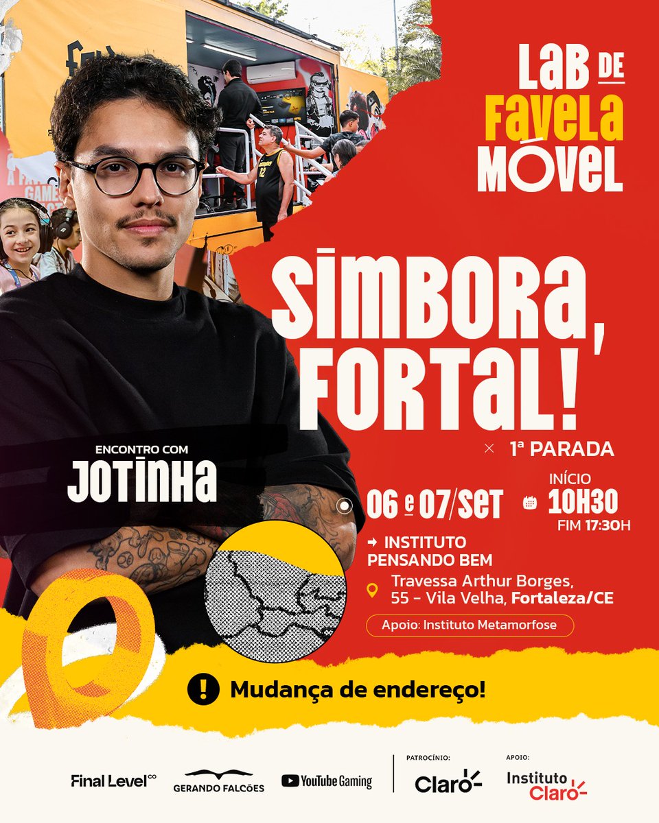FavelaGamingOfc's tweet photo. 🔄MUDANÇA DE ENDEREÇO‼️A última parada do #LabMovel será no Ceará!
💻 4 PCs gamer
🎮 1 PS5
🏆 Camp
🗣 Profissionais do mercado de games
✨️ Brindes e codiguin 🔥
E o @jotinhatm vai dar show no Just Dance que vai rolar no telão. Né não, irmão? 😜
#FavelaGaming #LabMovelClaro https://t.co/KnJsFKam2D