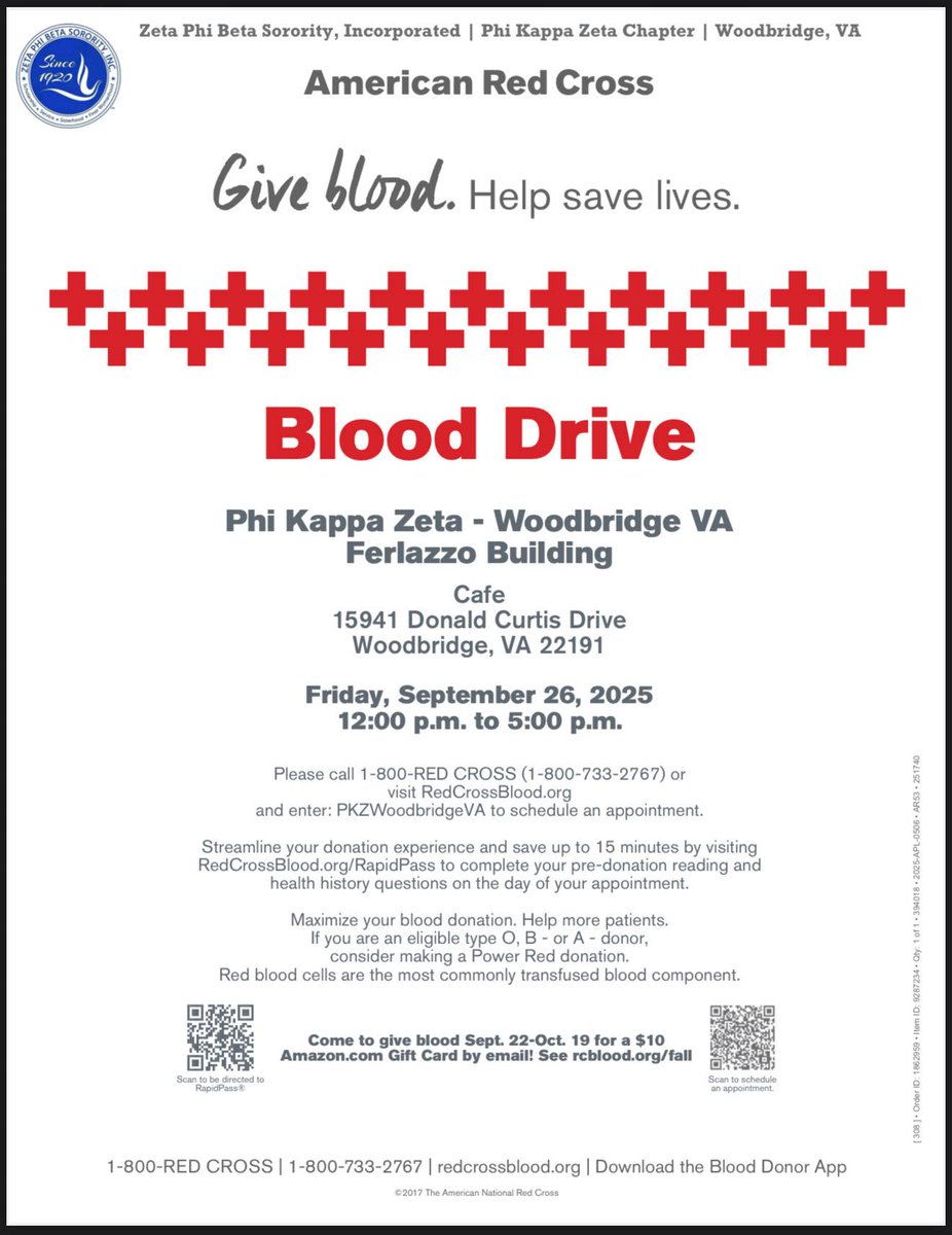 zphibpkz's tweet image. Give Blood. Save Lives. 
In observance of Sickle Cell Awareness Month, join Phi Kappa Zeta Chapter (Woodbridge, VA) and the American Red Cross for a community Blood Drive!
Friday 9/26/2025 12:00 PM – 5:00 PM
Ferlazzo Building Café, 15941 Donald Curtis Drive, Woodbridge, VA 22191