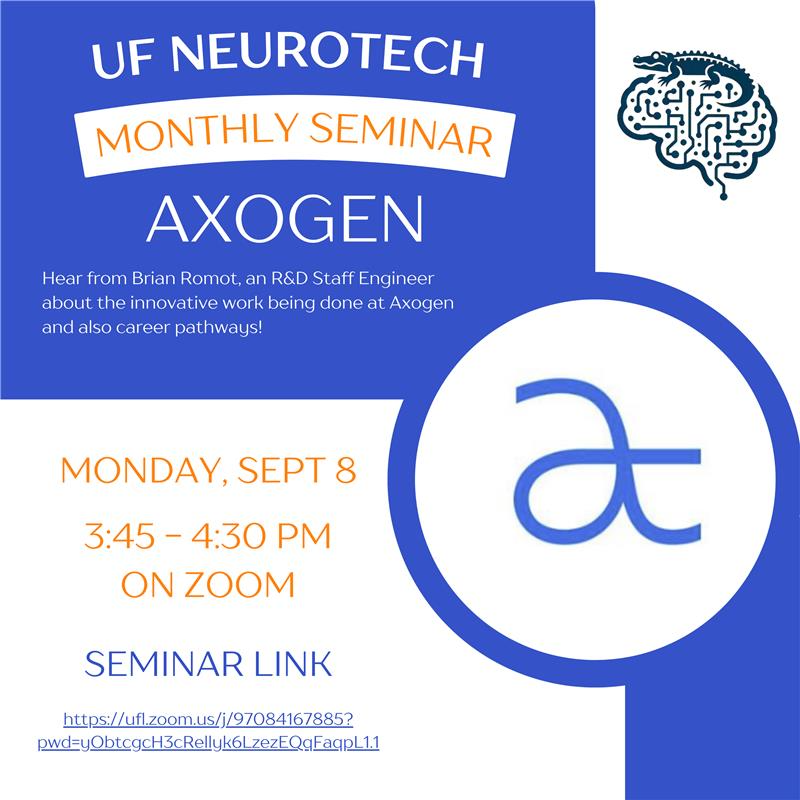 📌Save the date: Sept 8 • 3:45 PM
UF Neurotech is proud to have Brian Romot of @Axogen for this month’s seminar, where he'll present his work on nerve grafts. This is a great chance for R&amp;D enthusiasts to hear from someone in the field! ufl.zoom.us/j/98105266967
#Neuroscience