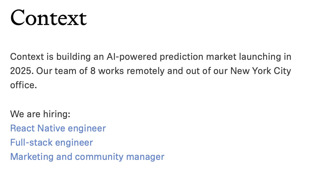 We are also hiring a marketing and community manager to work on Context markets. To help us please reply to this post with "Context markets"