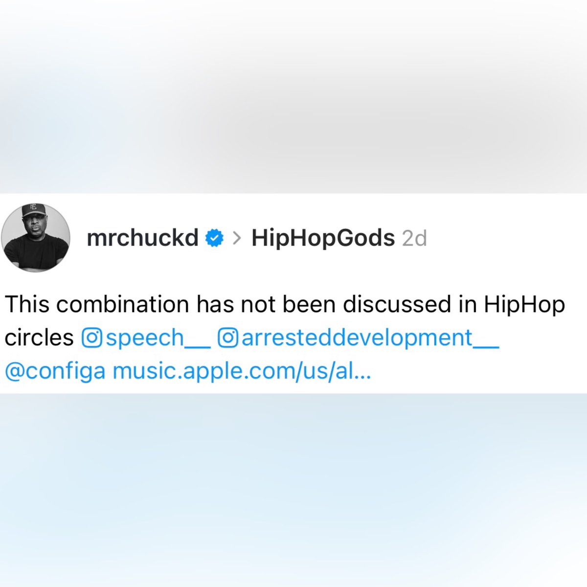 When the legend <a href="/MrChuckD/">Chuck D</a> says this collab hasn’t been discussed enough in Hip Hop circles… that’s not just a cosign, it’s a call-out to the culture 💯

<a href="/Speech__/">SPEECH</a> <a href="/ADtheBand/">ARRESTED DEVELOPMENT</a> &amp; I have been building for 5½ years → 4 albums deep, the latest “Adult Contemporary Hip Hop” 🎶✊

We’re