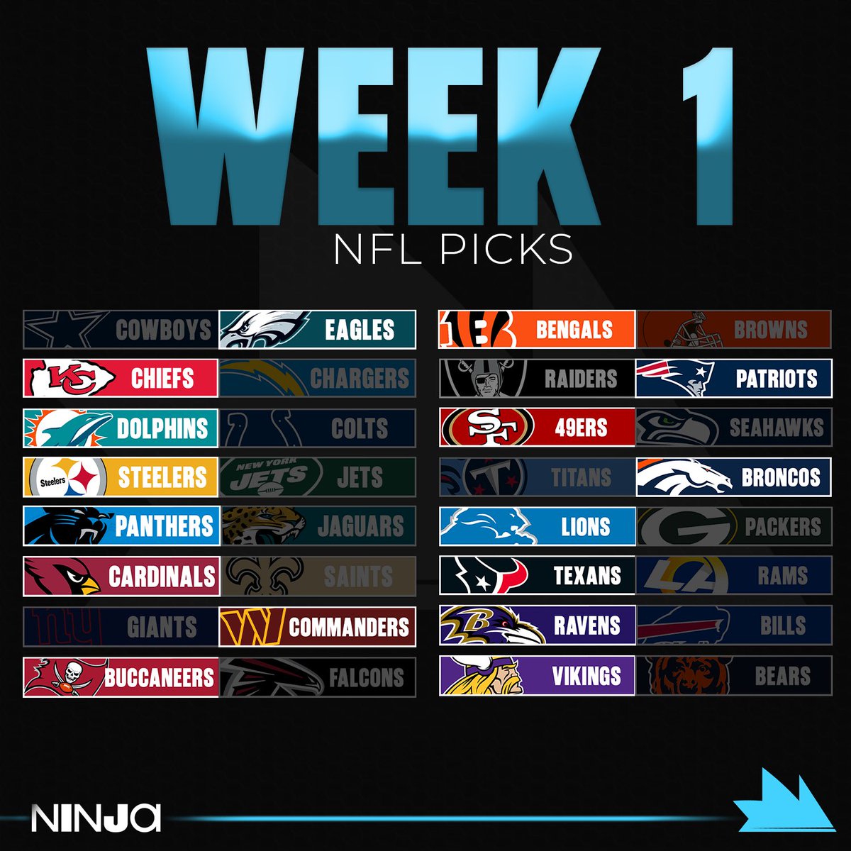 Ninja's tweet photo. WE’RE SO BACK NFL WEEK 1 STARTS TOMORROW AND I COULD NOT BE MORE EXCITED!! Here are my picks this week! https://t.co/9J9SrCv1eH