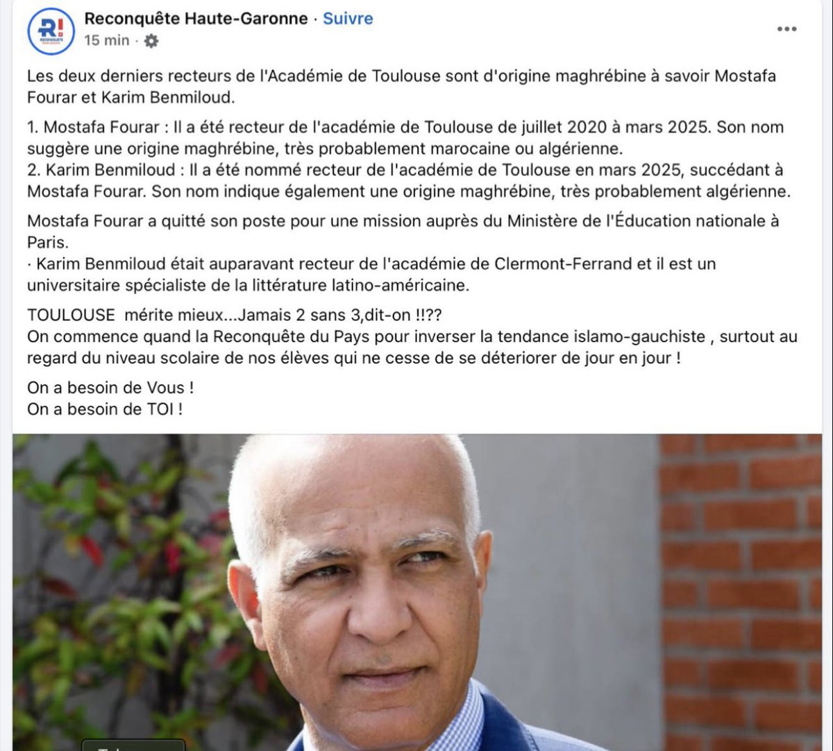 Reconquête Haute-Garonne nous propose le pire de l’extrême droite. Tout républicain ne peut être que profondément écœuré par les propos racistes dont sont victimes les recteurs Karim Benmiloud et Mostafa Fourar. Je leur adresse évidement mon soutien le plus absolu.
