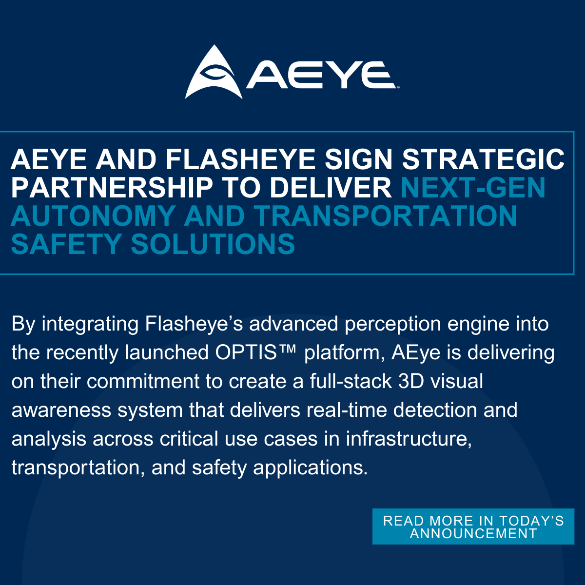 We’re thrilled to announce a strategic #partnership between #AEye and #Flasheye, uniting AEye’s ultra-long-range, software-definable #lidar and Flasheye’s real-time #3D perception software. This powerful integration into our #OPTIS™ platform delivers a full-stack 3D visual